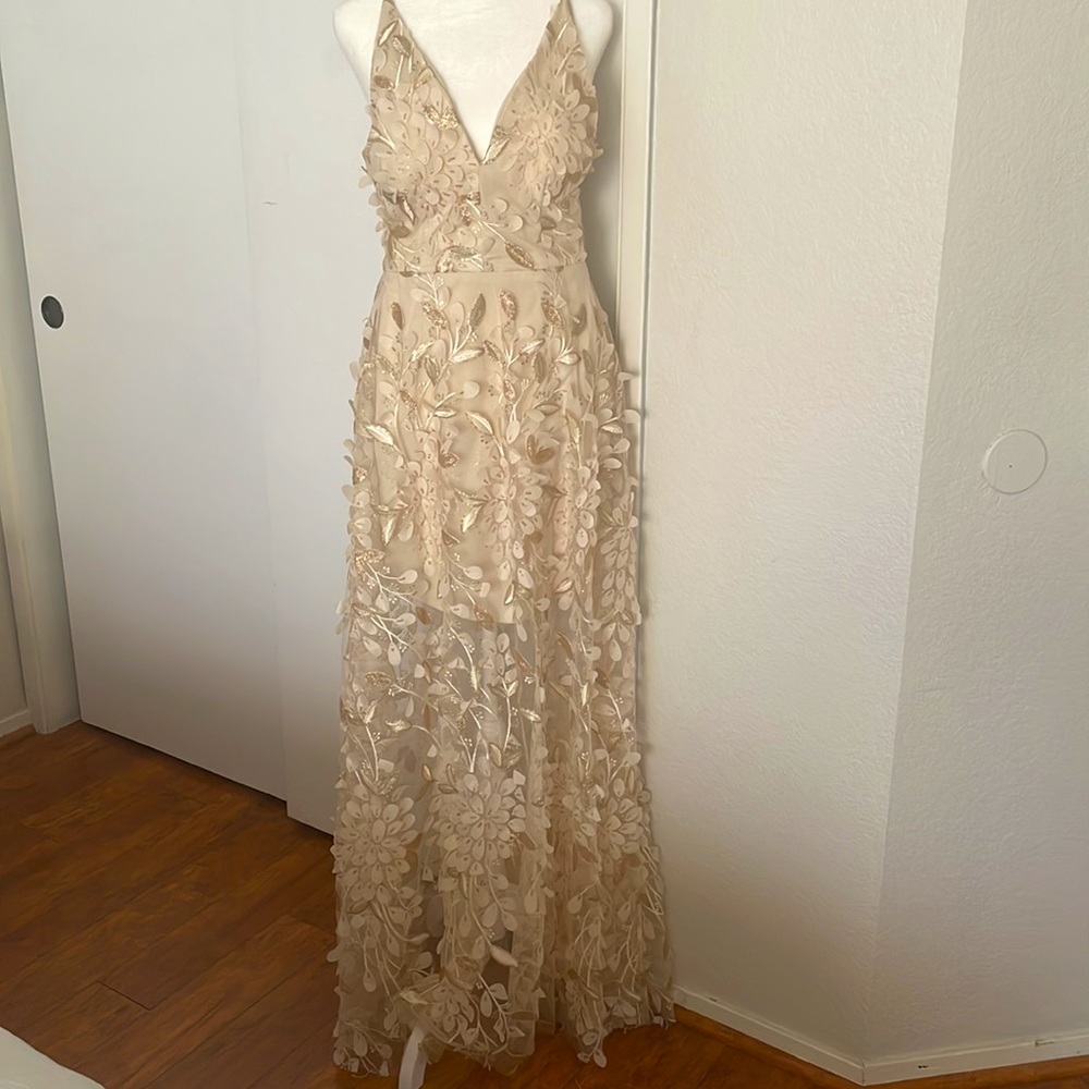 Nordstrom Floral Appliqué V-Neck Champagne Prom Dress
